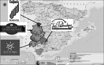 Mapa y logotipo de las cuatro DOP´s de jamón ibérico en España