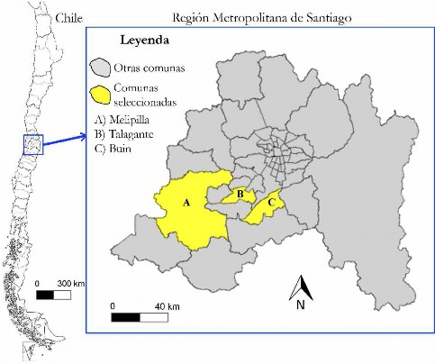 Localizaci&oacute;n del &aacute;rea de estudio, comunas de Buin, Melipilla y Talagante