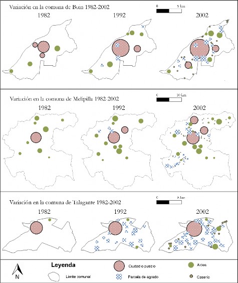 Variaci&oacute;n espacial de la localizaci&oacute;n de los asentamientos humanos para Buin, Melipilla y Talagante, periodo 1982-2002