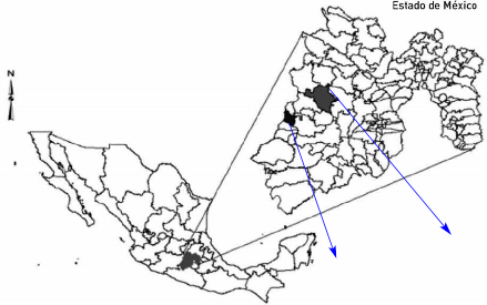 Ubicaci&oacute;n del estado de M&eacute;xico y de los municipios de Ixtapan del Oro y Villa Victoria