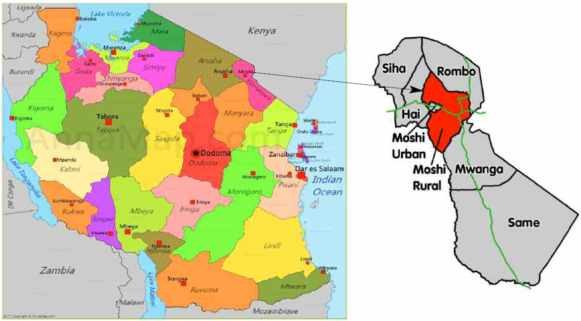 Map showing location of Moshi District Council