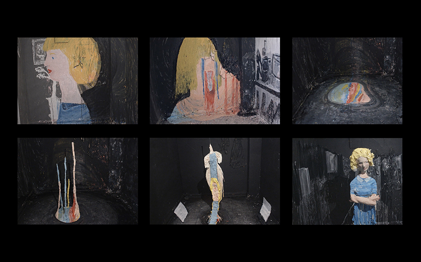 Fotogramas. Secuencia de La Casa Lobo, para dar cuenta de la mutaci&oacute;n de los materiales. El personaje tridimensional de Mar&iacute;a nace a partir de su imagen bidimensional en el muro.