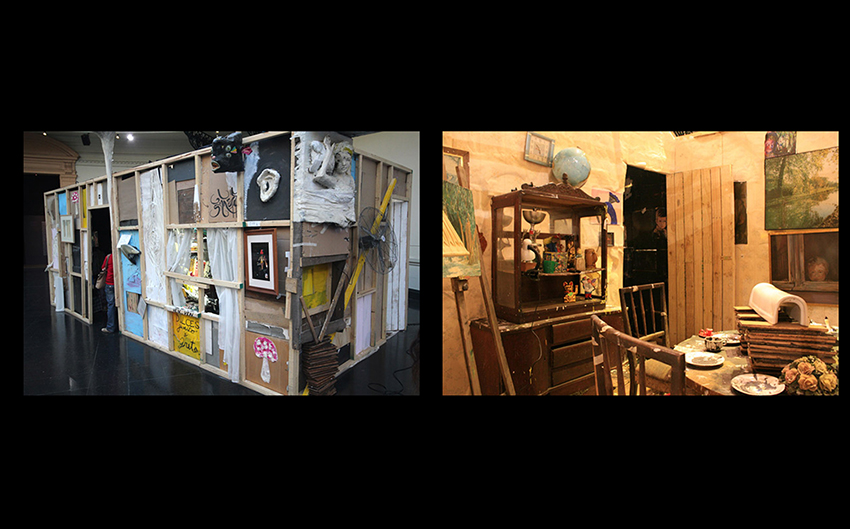 Exterior e interior de set de La Casa Lobo, en la Bienal de Artes Mediales, Santiago, Chile. 2017.