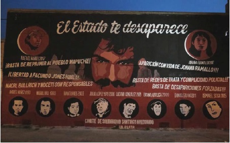 Mural del Comit&eacute; de Solidaridad Santiago Maldonado, avenida 1 entre calles 33 y 34, La Plata, 2017.