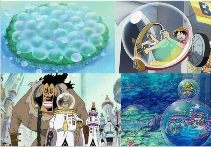 De dcha. a izq.:archipiélago Sabaody (vista), vehículo de transporte, los tenryubito (nobleza esclavista) y la isla Gyojin.