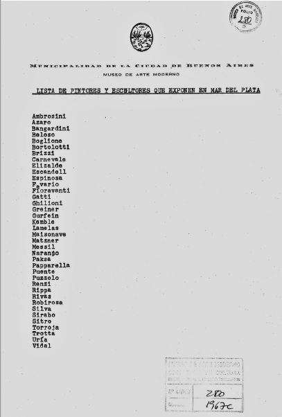 Documento con membrete de la Municipalidad de la Ciudad de Buenos Aires, Museo de Arte Moderno de Buenos Aires. 1967.