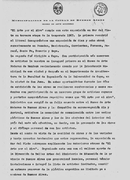 Documento con membretes de la Provincia de Buenos Aires, Ministerio de Educación, Dirección de Cultura, Dirección de Artes Plásticas. 1967.