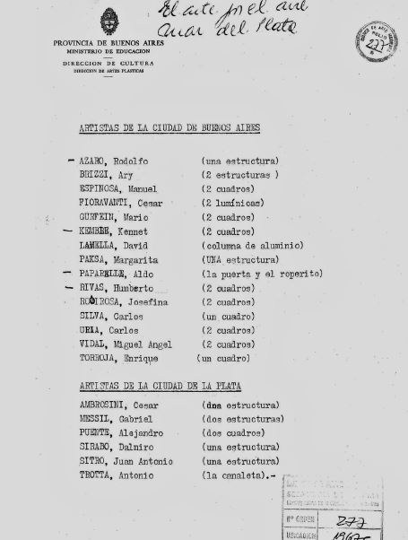 Documento con membretes de la Provincia de Buenos Aires, Ministerio de Educación, Dirección de Cultura, Dirección de Artes Plásticas. 1967.