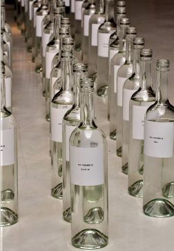 Juan Pablo Renzi, Agua de todas partes del mundo. 1967, reconstrucción en 2009, 49 botellas con agua y etiquetas.
