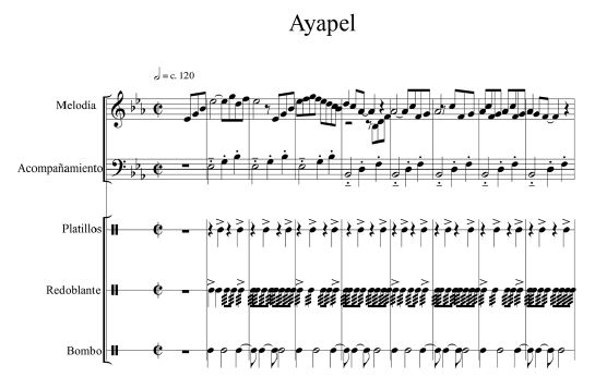 Fragmento del porro Ayapel, compases 1-8. Transcripci&oacute;n y reducci&oacute;n por Gustavo Dom&iacute;nguez Acosta.