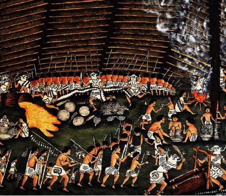 Yahuarcani, S (2012) Fiesta del Pihuayo. Tintes naturales sobre yanchama 86 x105 cms