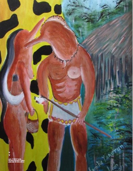 Le&oacute;n, D (2014) Familia Yacuruna. Mocagua. Acr&iacute;lico sobre tela. 60 cms x 60 cm