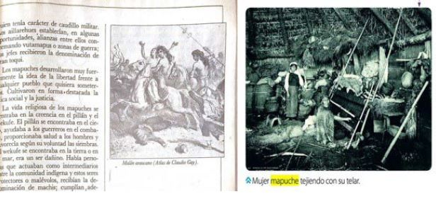 (Izquierda) Representación mapuche en libro de Historia de Chile. Fuente: Enciclopedia de las Tareas Escolares. Consultor de Ciencias Sociales 2.ª parte, J-ZEditorial Apuntes, 1986. Imagen escaneada. (Derecha) Mujer mapuche tejiendo con su telar.
