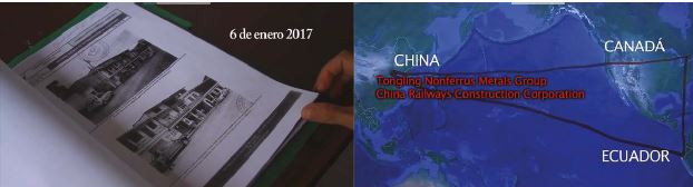 Fotogramas de &iquest;Qui&eacute;n mat&oacute; a Jos&eacute; Tendetza? A la izquierda, el plano muestra el archivo sobre el crimen, que se cerr&oacute; de forma impune y dej&oacute; en libertad a dos funcionarios de ECSA que estaban implicados en la investigaci&oacute;n. A la derecha, el plano se vale de la intervenci&oacute;n de un mapa para ilustrar la geopol&iacute;tica de los intereses transnacionales de las empresas mineras de Canad&aacute; y China que operan en territorio de los shuar (Etsa-Nantu/ C&aacute;mara-Shuar 2017).