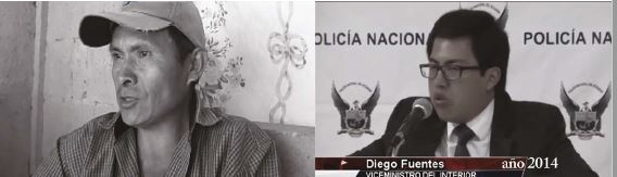 Fotogramas de &iquest;Qui&eacute;n mat&oacute; a Jos&eacute; Tendetza? A la izquierda, imagen de archivo de Jos&eacute; Tendetza dando declaraciones sobre la defensa del territorio. A la derecha, imagen de archivo de la transmisi&oacute;n de un noticiero nacional en que el viceministro del Interior argumenta que el proceso de investigaci&oacute;n se llev&oacute; a cabo de forma transparente (Etsa-Nantu/C&aacute;mara-Shuar 2017).