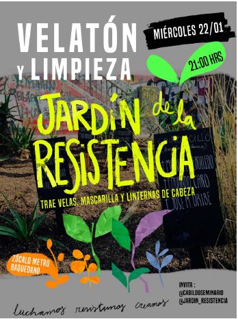 Equipo Jard&iacute;n de la Resistencia 2020. Dise&ntilde;o afiche: Rebeca Pe&ntilde;a R., miembro del cabildo Barrio Seminario. Instagram: @minibeca