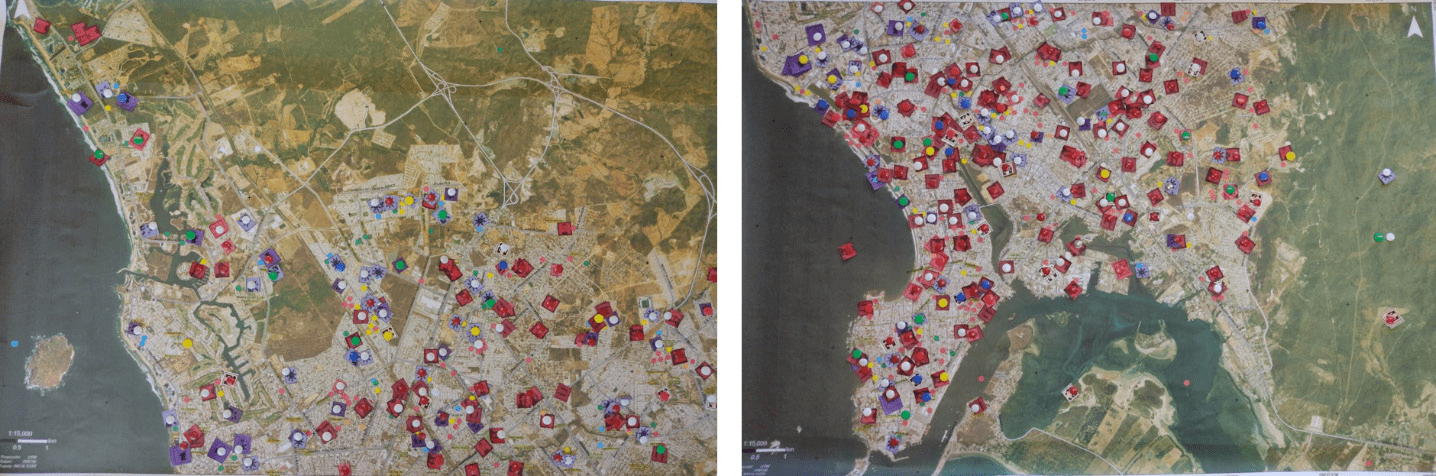 Fotograf�a a la cartograf�a construida por las participantes sobre las formas de VCLM en los espacios p�blicos (zona norte lado izquierdo y zona sur lado derecho)