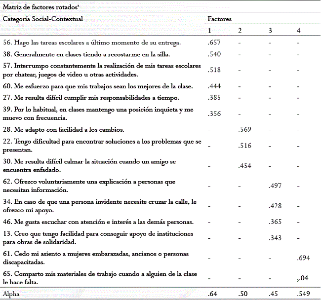Matriz factorial obtenida a trav&eacute;s del an&aacute;lisis exploratorio de la categor&iacute;a social-contextual.