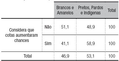 : Avalia&ccedil;&atilde;o das cotas entre os jovens segundo autodeclara&ccedil;&atilde;o de cor/ra&ccedil;a (em %)