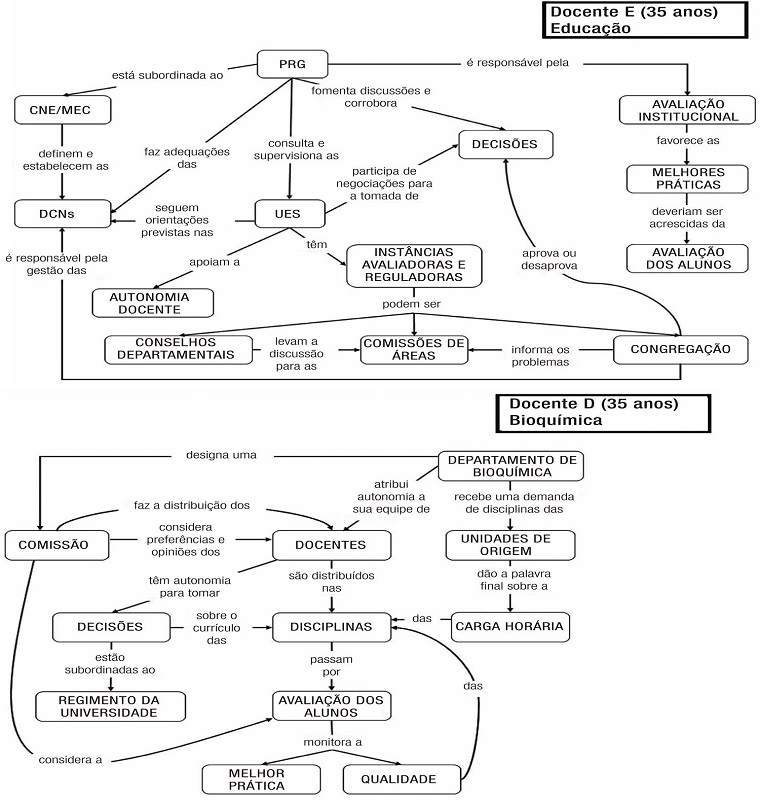 Mapas conceituais dos docentes E e D que revelam concepções similares ao lócus de controle. Ambos os docentes têm 35 anos na carreira acadêmica, porém, em áreas distintas: Educação e Bioquímica