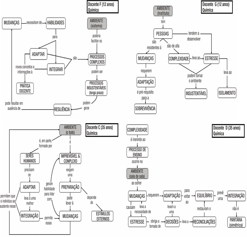 Mapas conceituais de docentes vinculados ao Instituto de Química, com diferentes tempos de carreira: mais antigos (C e D) e mais jovens (F e G). Seus discursos revelam significados diversos para o conceito “ambiente”, o papel da resiliência e do estresse