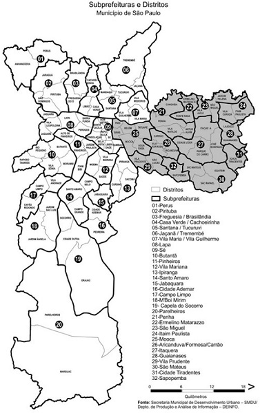 Munic&iacute;pio de S&atilde;o Paulo por prefeituras regionais (antigas subprefeituras)