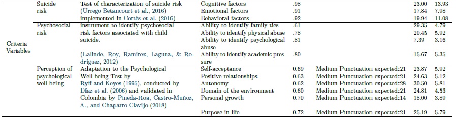 Evaluation instruments. Measurements of internal consistency, average expected, mean and standard deviation obtained.
