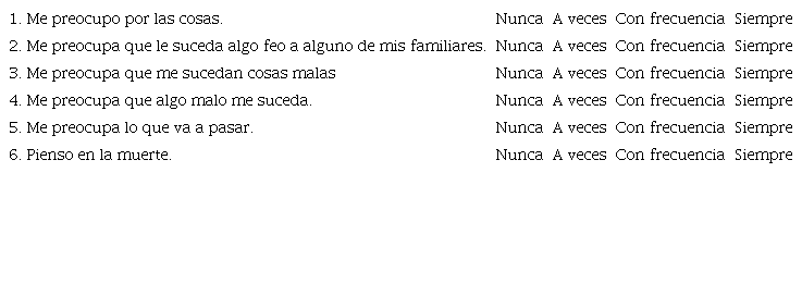 Las siguientes preguntas buscan conocer acerca de cómo te sientes generalmente. Por favor, encierra la palabra que mejor describa lo nervioso o ansioso que te sientes generalmente.