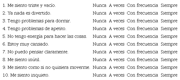 Ahora nos gustaría hacerte algunas preguntas acerca de qué tan triste o irritable te sientes. Por favor haz un círculo en la palabra que muestre con qué frecuencia te suceden estas cosas. No existen respuestas correctas o incorrectas.