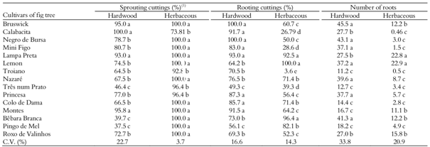 Percentage of sprouted, rooting, number of roots in hardwood and herbaceous cuttings from different cultivars of fig tree.