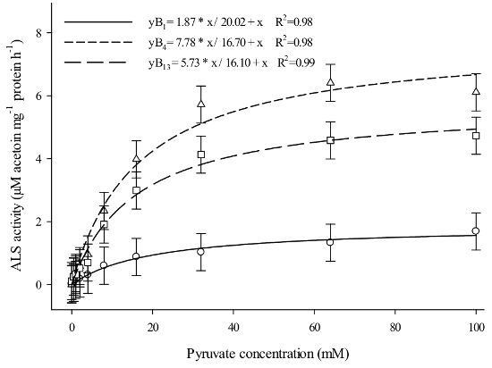 ALS activity (μM acetoin mg-1 protein h-1) of susceptible (B1) and resistant (B4 and B13) radish biotypes to iodosulfuron and imazethapyr herbicides subjected to differential pyruvate concentrations (mM). Points represent the mean values and bars represent least significant difference (p < 0.05).