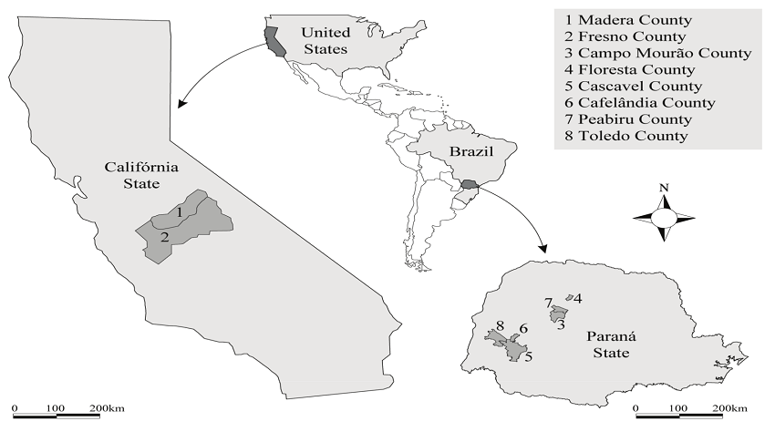 Distribution of the Conyza plants from which seeds were germinated to form samples representative of C. sumatrensis from Campo Mour&atilde;o, Floresta, Cascavel, Cafel&acirc;ndia, Peabiru, and Toledo in Paran&aacute; State, Brazil, and of C. canadensis and C. bonariensis from the Central Valley of the State of California, United States.