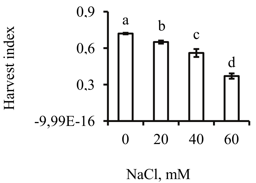 Harvest index of cassava plants grown under different concentrations of NaCl. Values given are means &plusmn; standard error, and means followed by the same letter are not significantly different at p < 0.05. 