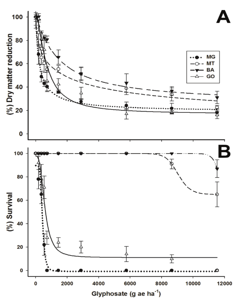 curves of the suspected glyphosate-resistant Digitaria insularis biotypes GO, MT, and BA compared with the susceptible MG biotype at 21 days after application. (A) Dose-response curve with respect to percentage of dry mass reduction. (B) Dose-response curve with respect to percentage of survival. Vertical bars represent the standard error (n = 6).