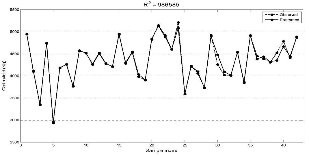 Comparative graphical representation of the observed and estimated training values for the network with 9 neurons and 963 repetitions.