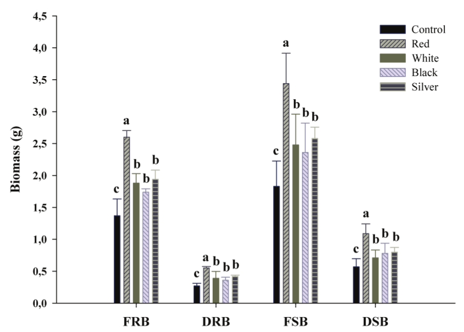 Fresh root biomass (FRB), dry root biomass (DRB), fresh shoot biomass (FSB) and dry shoot biomass (DSB) of Jelly palm (Butia capitata) under shade nets (Lavras, 2016).