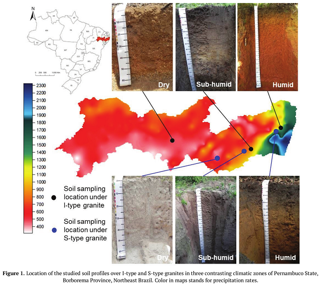 Location of the studied soil profiles over I-type and S-type granites in three contrasting climatic zones of Pernambuco State, Borborema Province, Northeast Brazil. Color in maps stands for precipitation rates.