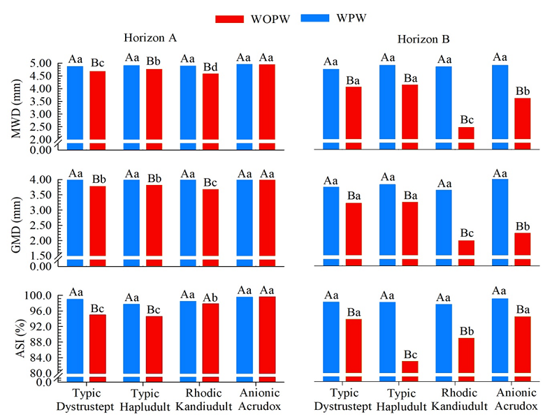 Mean weight diameter (MWD), geometric mean diameter (GMD) and aggregate stability index (ASI) in Horizons A and B, with pre-wetting (WPW) and without pre-wetting (WOPW) in the studied soils: means followed by the same letter do not differ by the Skott-Knott test at the 5% significance level. Uppercase letters compare treatments within the same soil, and lowercase letters compare soils within the same treatment.