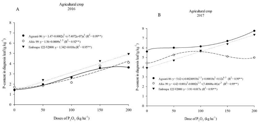 Phosphorus contents in the diagnostic leaf of the sunflower cultivars in the 2016 (A) and 2017 (B) agricultural crops.
