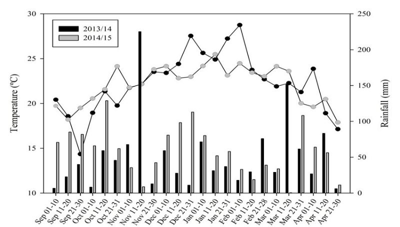 Average temperatures (&ordm;C) and accumulated precipitation (mm) during the experiment period in the 2013/14 crop and the 2014/15 crop. Santa Maria, Rio Grande do Sul (INMET, 2017). 
