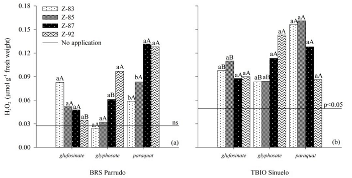 Hydrogen peroxide content of wheat seedlings from plants desiccated in preharvest with nonselective herbicides (HER: glufosinate, glyphosate, and paraquat) in different phenological stages (PS: Zadoks 83, 85, 87, and 92). Distinct lowercase letters (PS deployed in each HER) and uppercase letters (HER deployed in each PS) differ from each other [Scott-Knott (p < 0.05)]. Contrast results [Scheff&eacute; (p < 0.05)] are between treatments with and without herbicide applications (p-value and ns).
