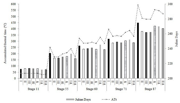 Cumulative thermal time and Julian days in the main vegetative and reproductive stages of strawberry. E11: first expanded sheet; E55: Early floral beginnings appear at the base of the rosette; E60: first open flower; E71: receptacle protruding from the crown of sepals; E87: most of the fruit with red coloration. Cultivars: Albion (1), Aromas (2), Camarosa (3), Camino Real (4), Monterey (5), and San Andreas (6).