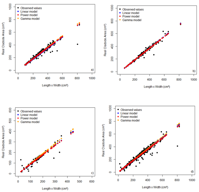 Relation of the real cladode area and the product of length by width of primary (a), secondary (b), and tertiary (c) cladodes and independent of the cladode order (d) and their respective model fittings. 