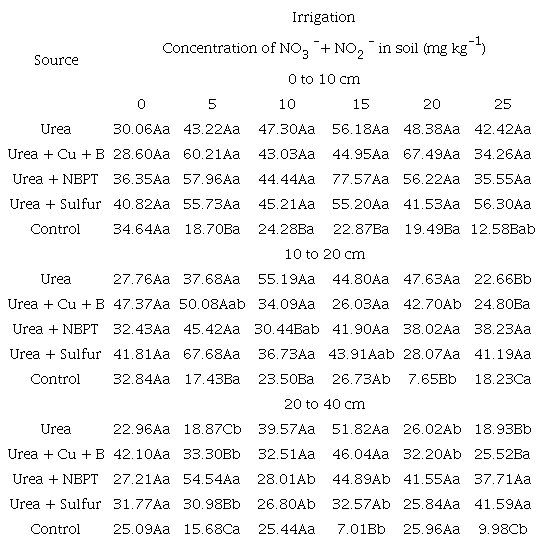 Concentration of nitric nitrogen (NO3- + NO2-) at three depths in a dystrophic Red-Yellow Latosol 360 h after application of urea with increased efficiency and different irrigation depths. Porto Velho, Rond&ocirc;nia State, Brazil, 2014.