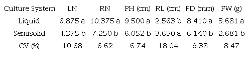 Leaf number (LN), root number (RN), plant height (PH), root length (RL), pseudostem diameter (PD), and plant fresh weight (FW) of Musa spp. grown in vitro under liquid (TIS bioreactors) and semisolid (baby food jars) culture systems for36 days.