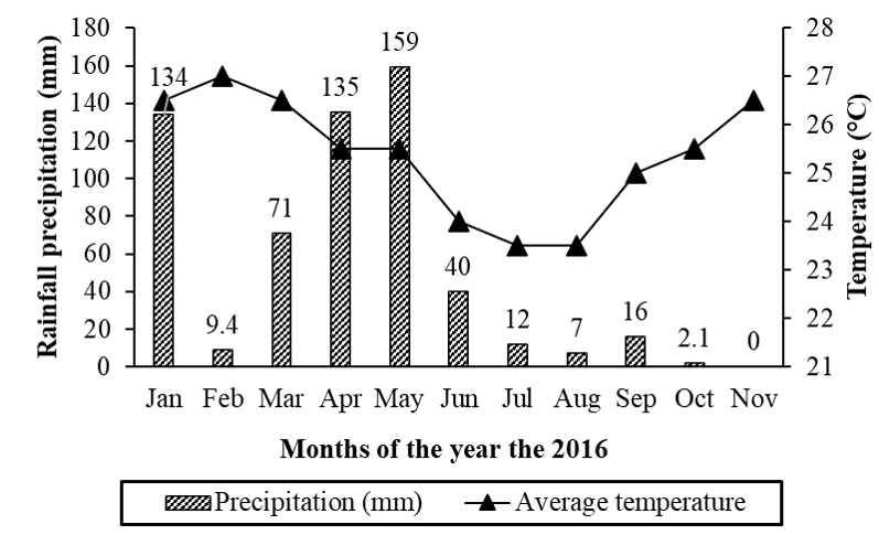 Weather and montly rainfall Meteorological data, during the experimental period (Meteorological station EMPAER, Instituto Nacional de Meteorologia [INMET] (2016).