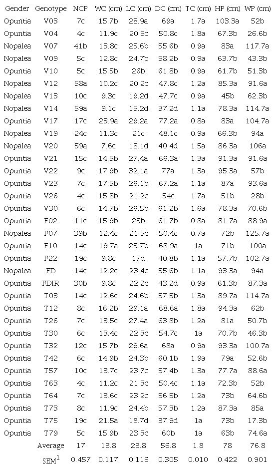 Average values of number of cladodes per plant (NCP), width of the cladode (WC), length of the cladode (LC), diameter of the cladode (DC), thickness of the cladode (TC), height of the plant (HP) and width of the plant (WP) of 34 cactus genotypes.