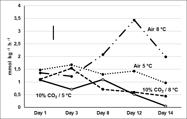 Ethylene production rates of cv. Tommy Atkins mangoes stored for 14 days in air, 10% CO2 plus 5% O2 at 5 or 8&deg;C (Vertical bar = LSD at p < 0.05 = 0.627 mmol kg-1 h-1).