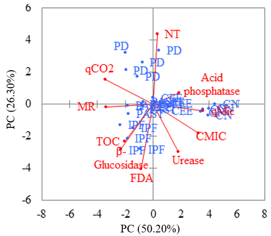Projection diagram of the microbiological attribute vectors and ordering diagram of the principal components in the different management systems. CN: native Cerrado; PD: no-tillage; PAS: pasture; CEE: exclusive eucalyptus cultivation; IPF: integrated livestock-forest system; TOC: total organic carbon; CMIC: microbial biomass carbon; MR: microbial respiration; qMIC: microbial quotient; qCO2: metabolic quotient; FDA: fluorescein diacetate hydrolysis.