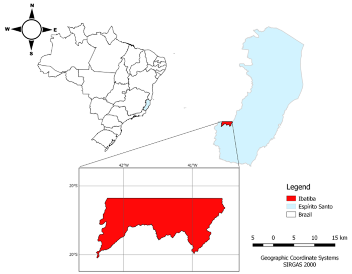 Study area. Geographic location of the state of Esp&iacute;rito Santo, Brazil, with an emphasis on the municipality of Ibatiba.